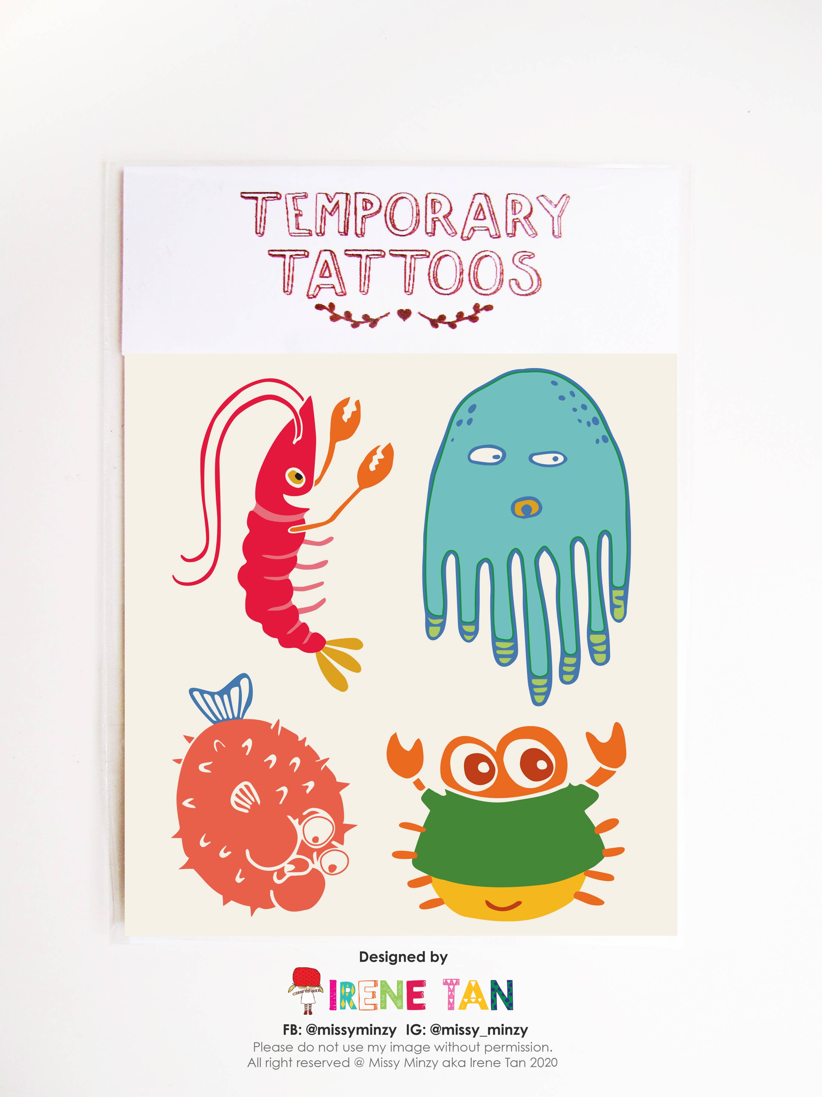 Blowfish Crab Shrimp Temporary Tattoos