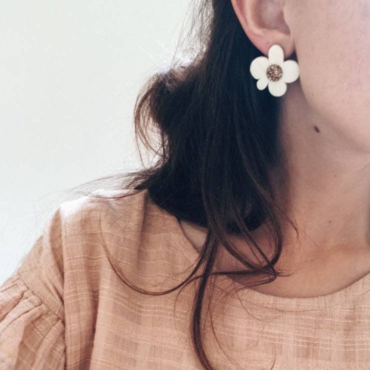 Moon Flower Midi Stud Earrings | Cream + Gold Glitter  | WHOLESALE