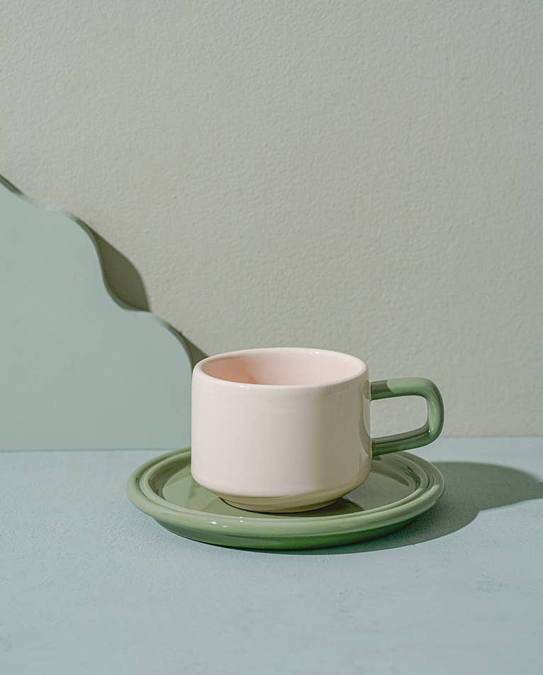 "Deux" Colour Block Mug Set - Creme Mug & Green Saucer