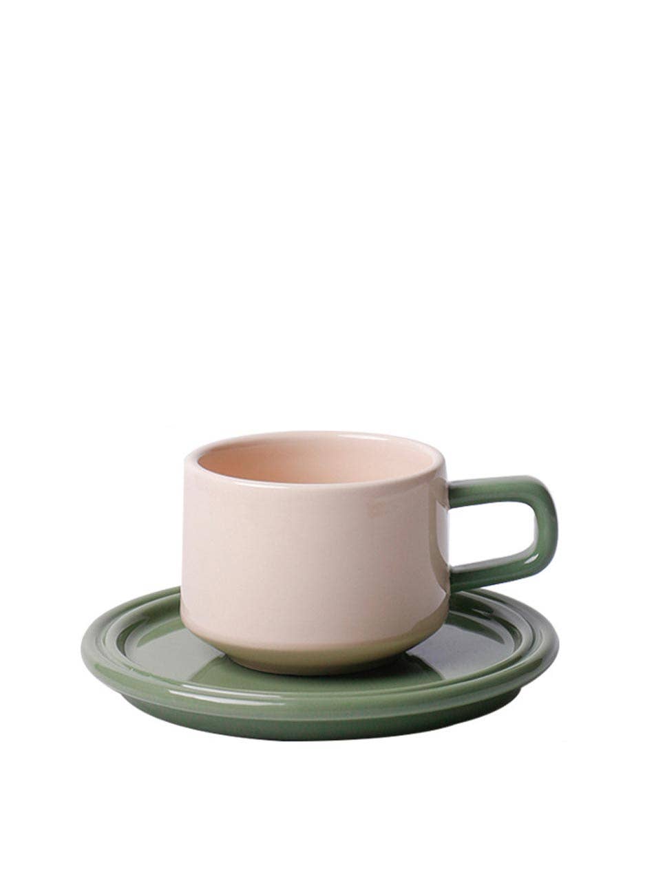 "Deux" Colour Block Mug Set - Creme Mug & Green Saucer