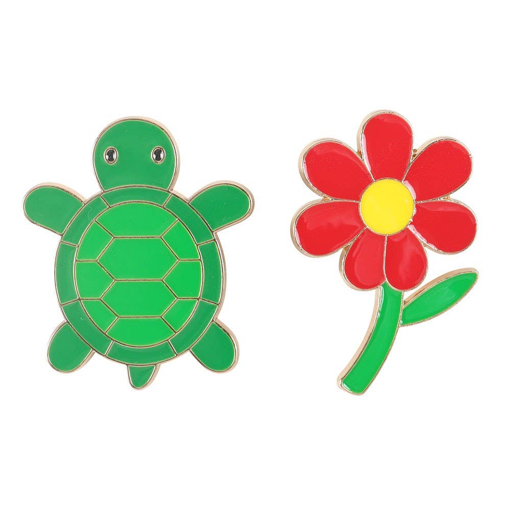 Turtle and Flower Set of 2 Pin Badges