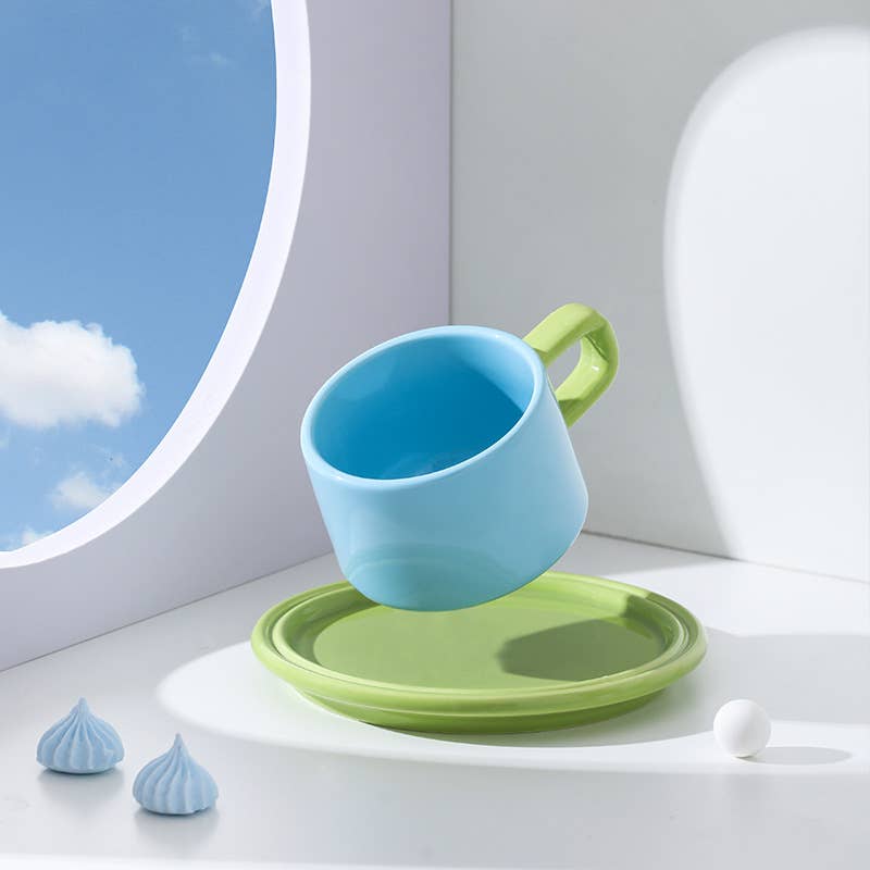 "Deux" Colour Block Mug Set - Blue Mug & Green Saucer