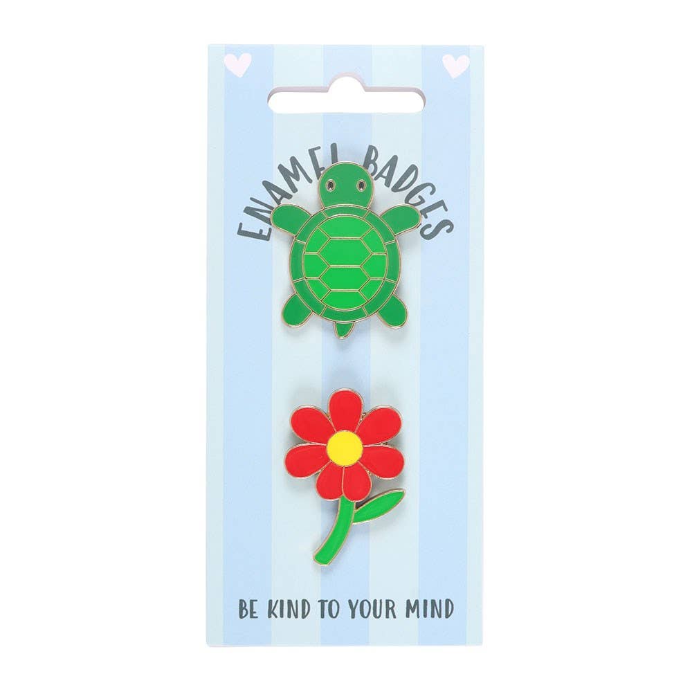Turtle and Flower Set of 2 Pin Badges