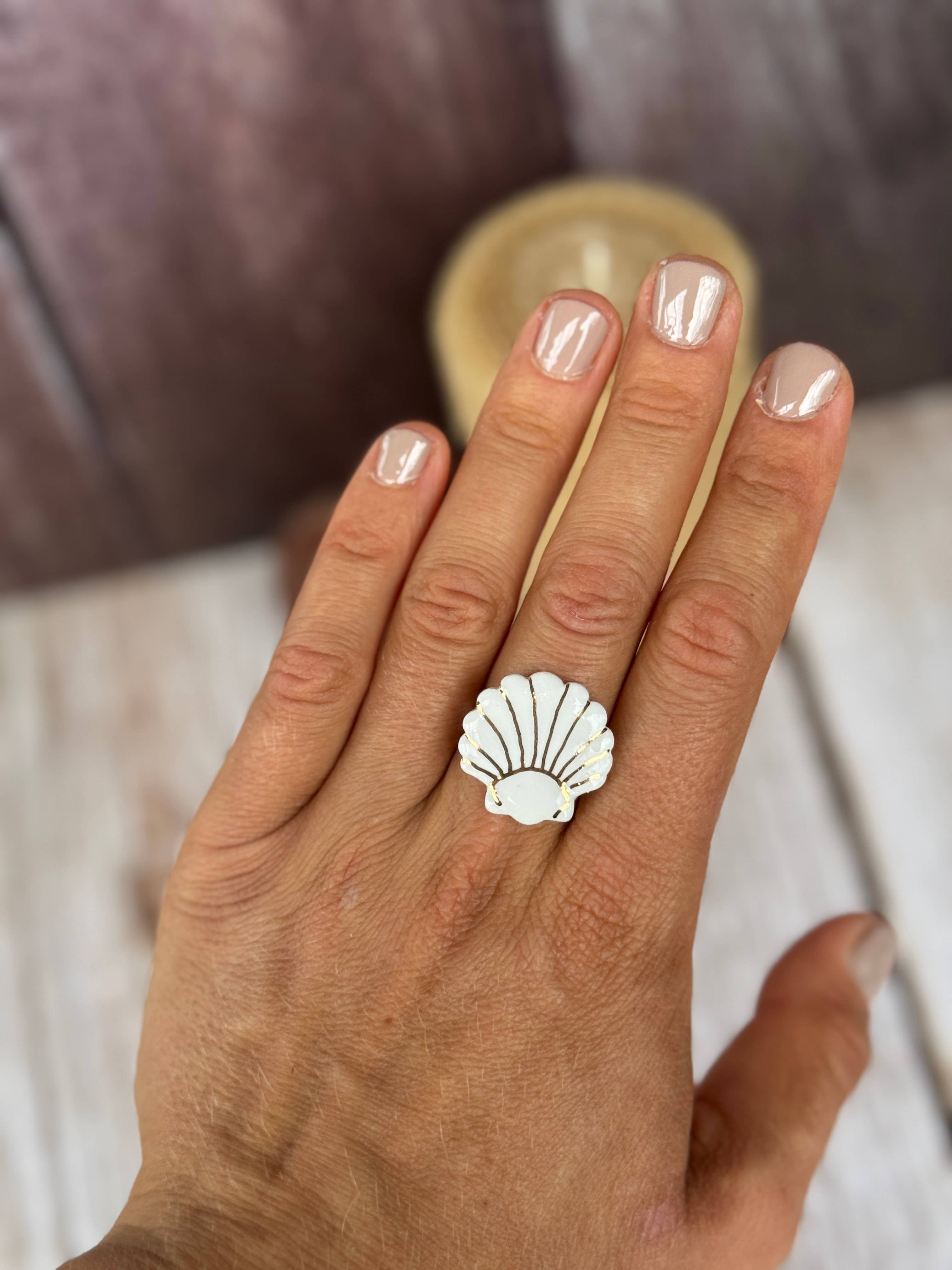  Ceramic Ocean Shell Ring large 