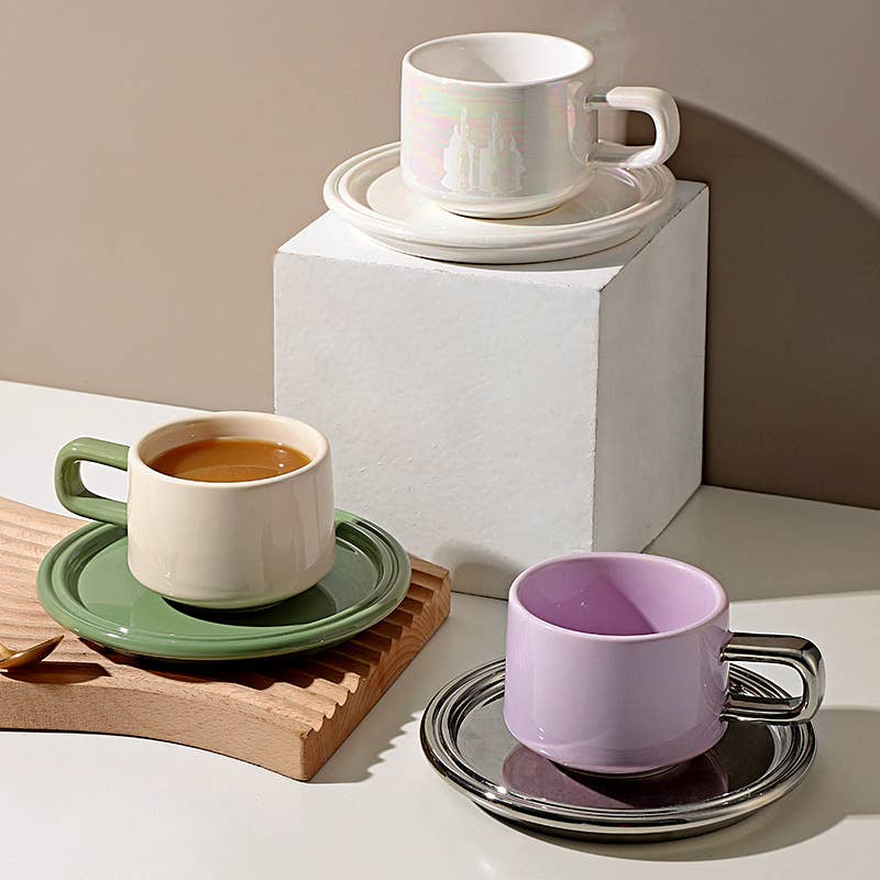 "Deux" Colour Block Mug Set - Purple Mug & Mirror Saucer