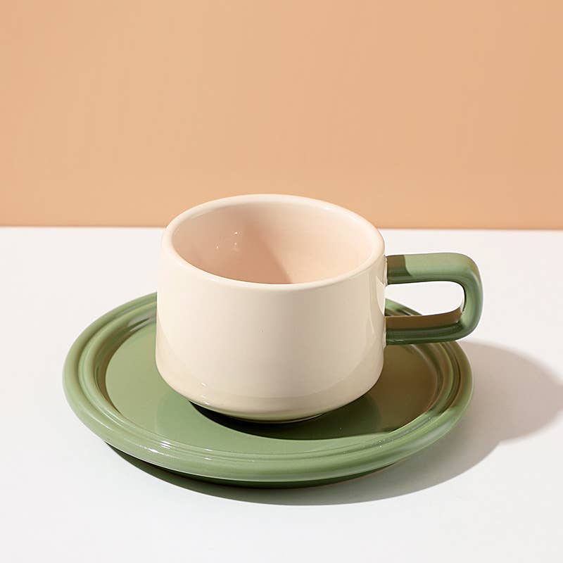 "Deux" Colour Block Mug Set - Creme Mug & Green Saucer