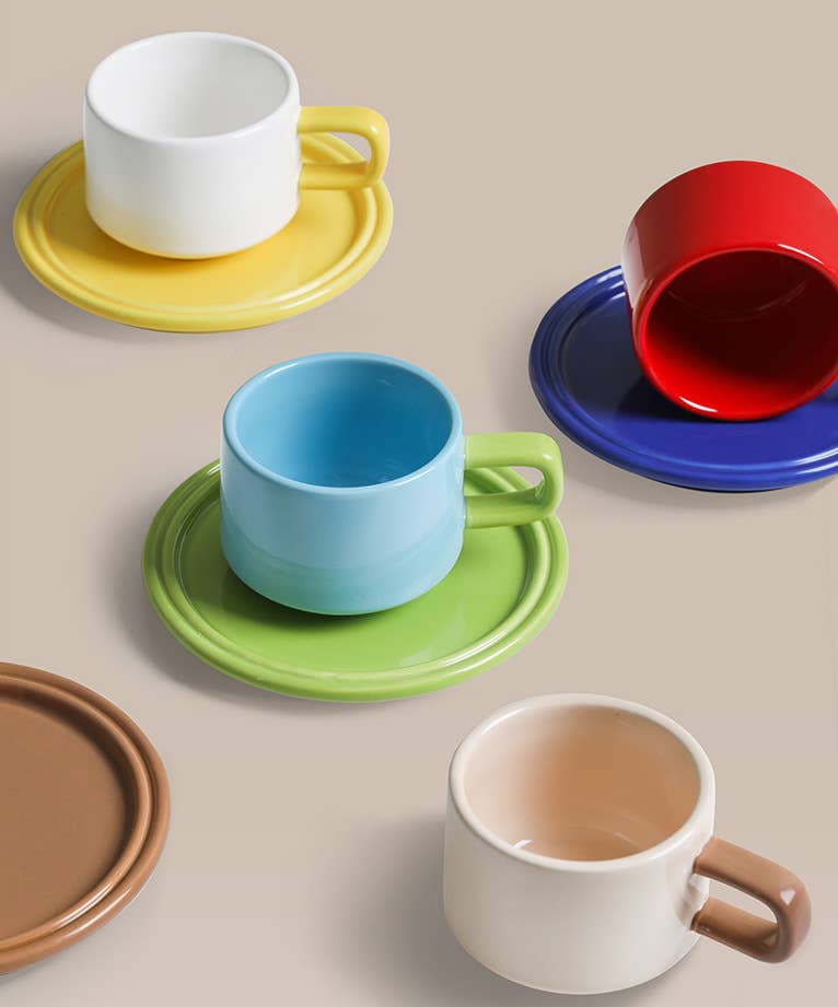 "Deux" Colour Block Mug Set - Blue Mug & Green Saucer