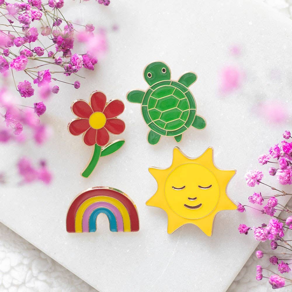 Turtle and Flower Set of 2 Pin Badges