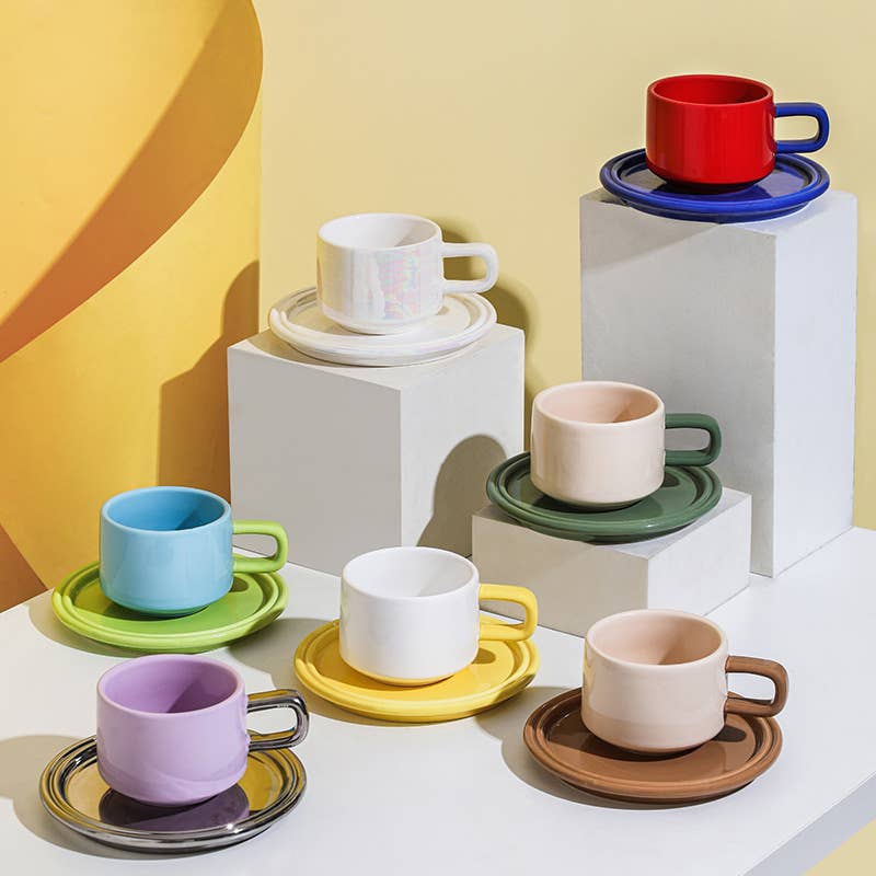 "Deux" Colour Block Mug Set - Creme Mug & Green Saucer