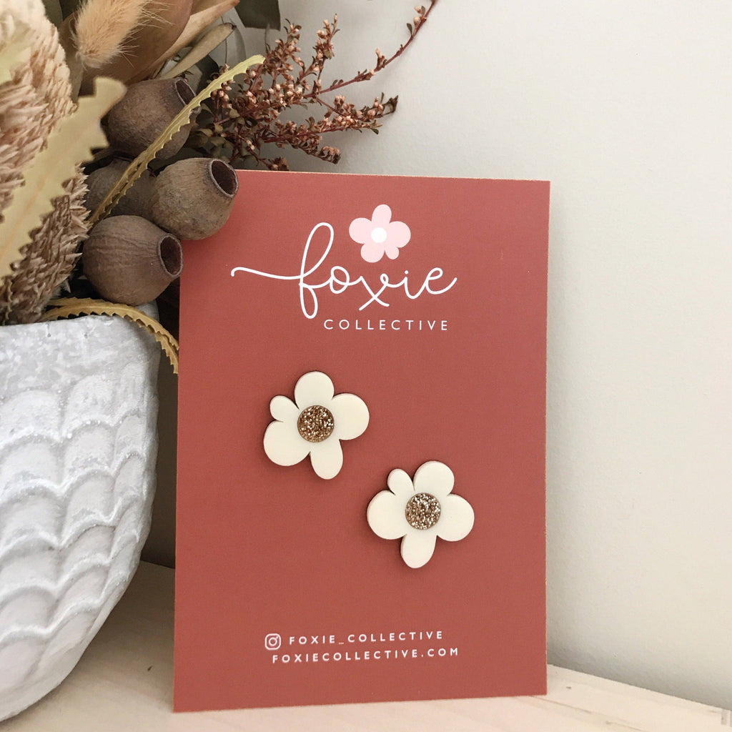 Moon Flower Midi Stud Earrings | Cream + Gold Glitter  | WHOLESALE