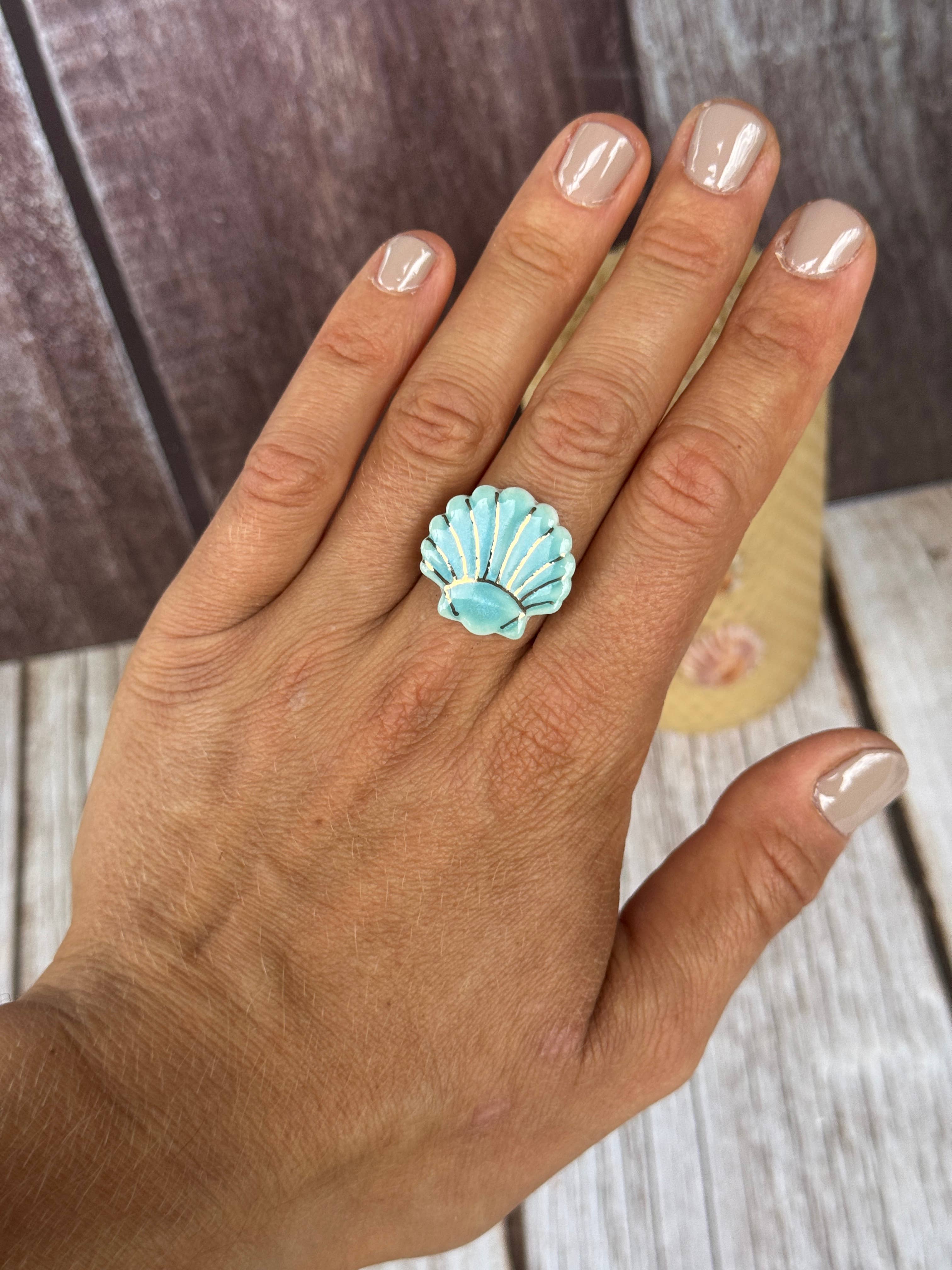  Ceramic Ocean Shell Ring large 