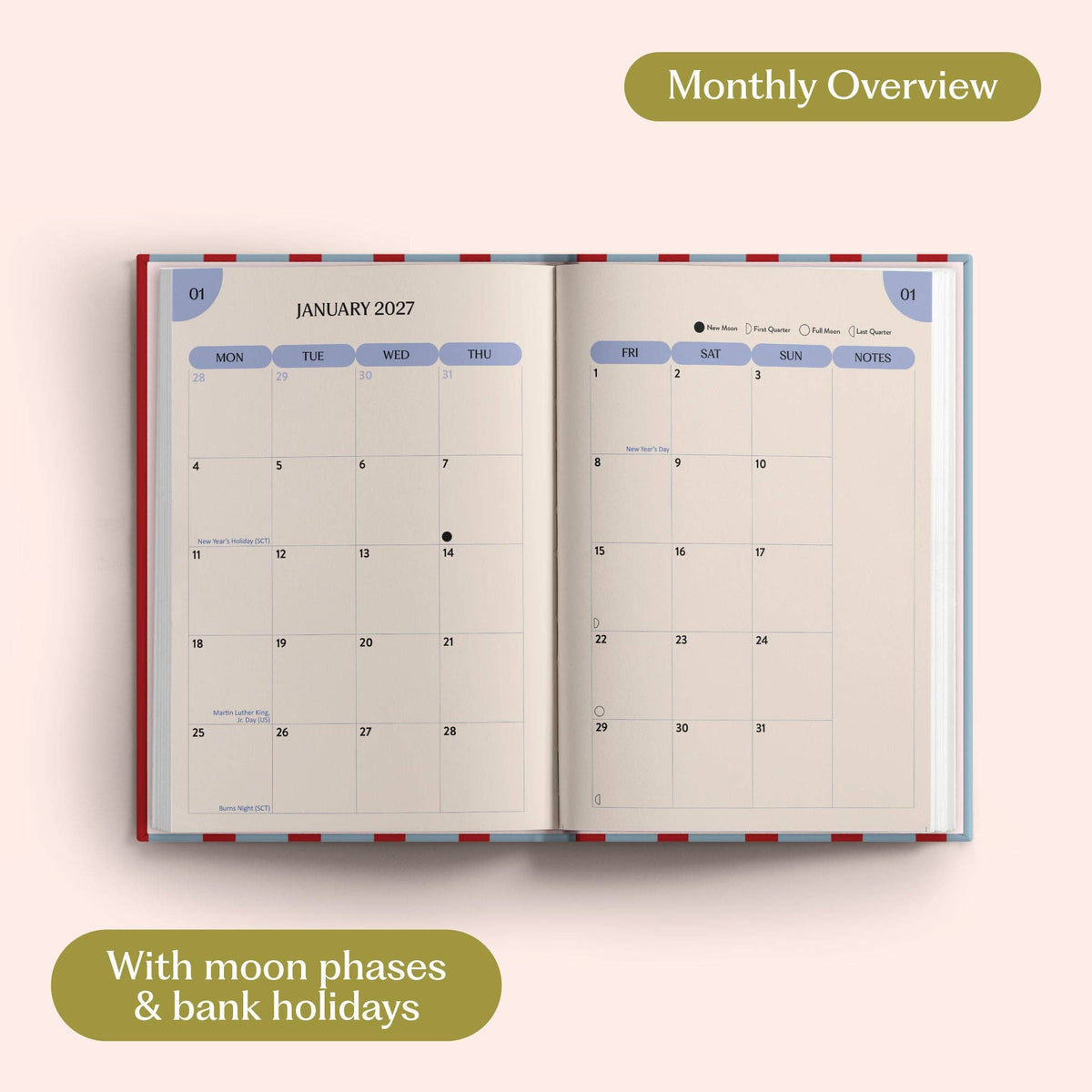 2027 Diary | A5 Hardcover Week to View | Red & Blue Stripe