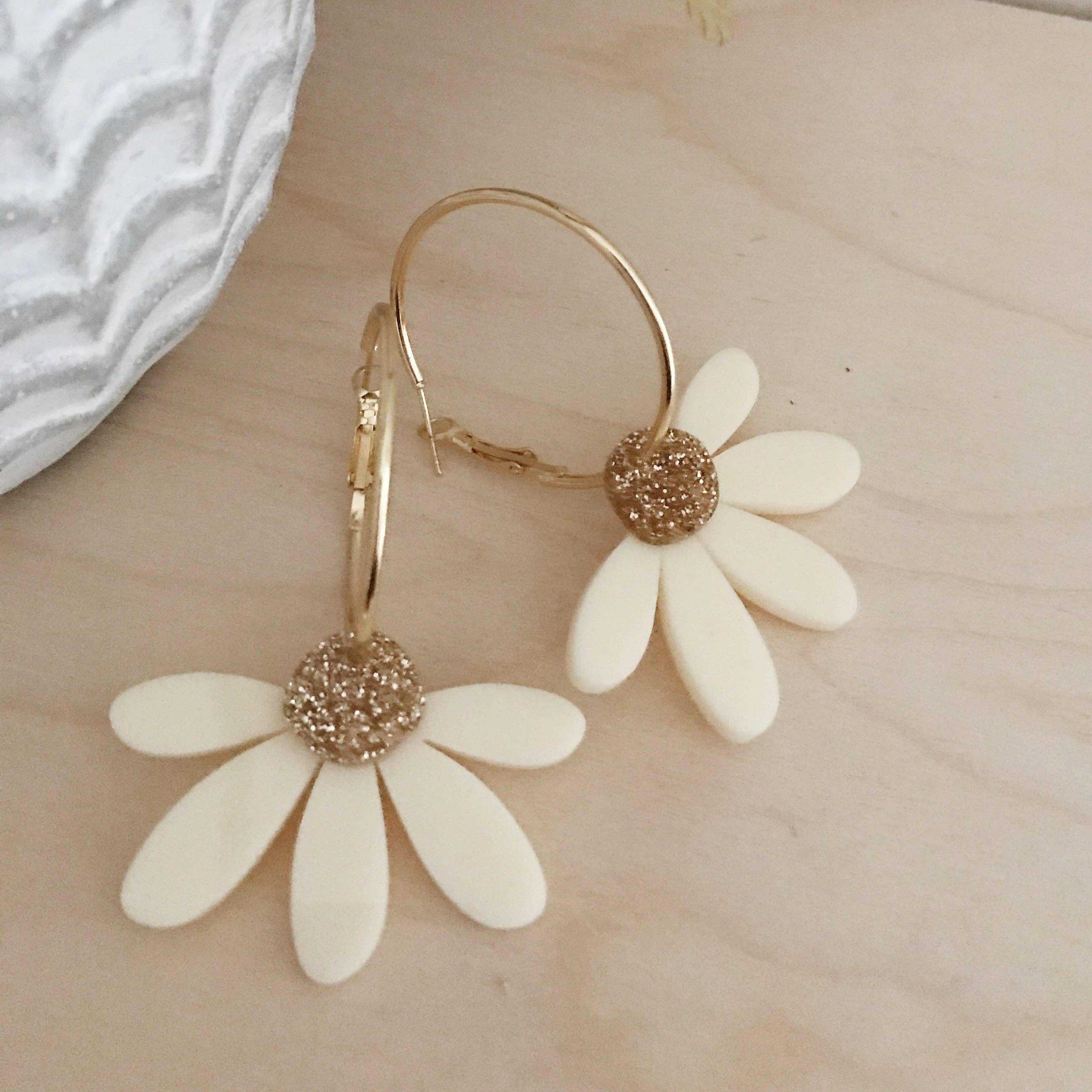 Jumbo Daisy Hoop Earrings | Cream + Gold Glitter | WHOLESALE