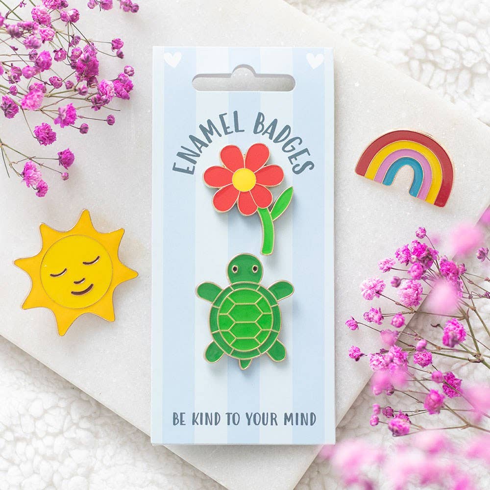 Turtle and Flower Set of 2 Pin Badges