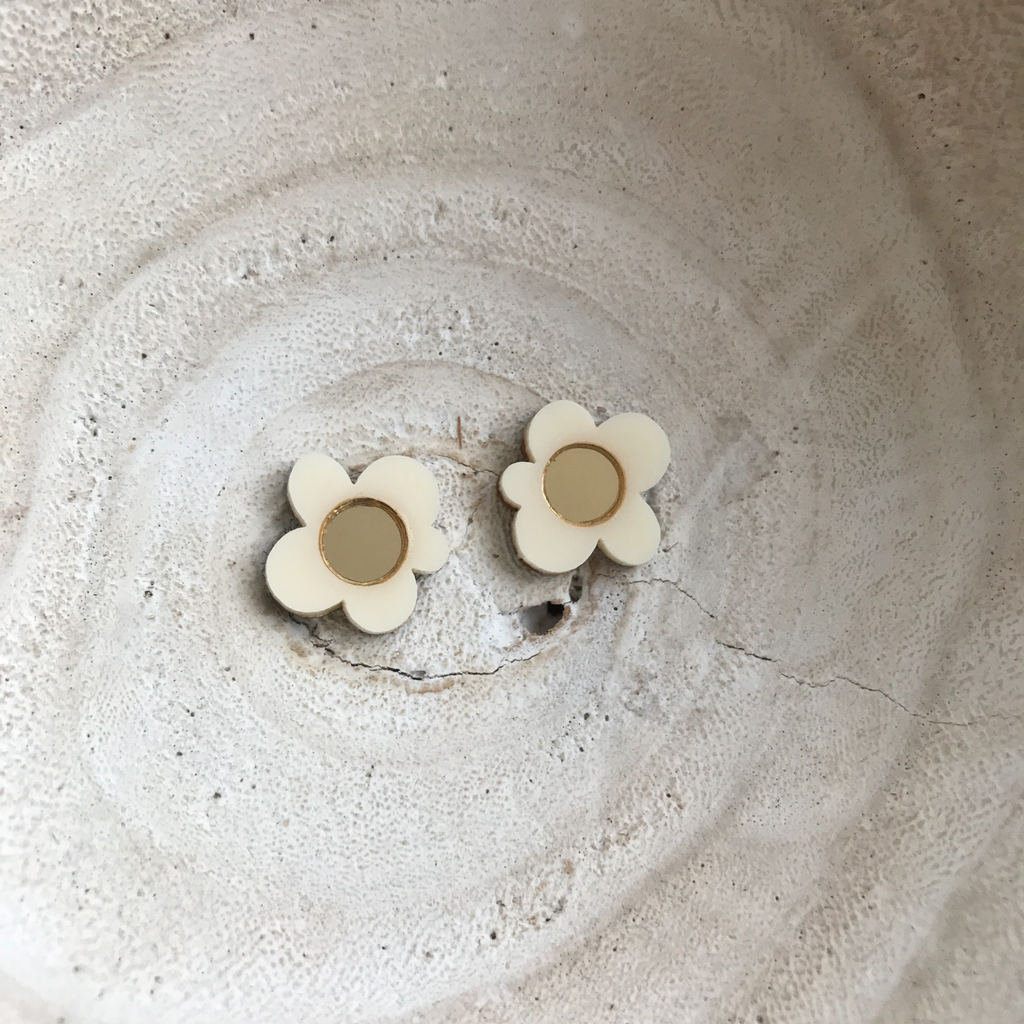 Flower Studs | Cream + Gold Mirror