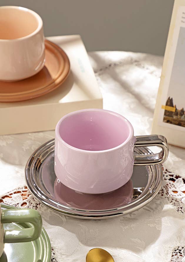 "Deux" Colour Block Mug Set - Purple Mug & Mirror Saucer