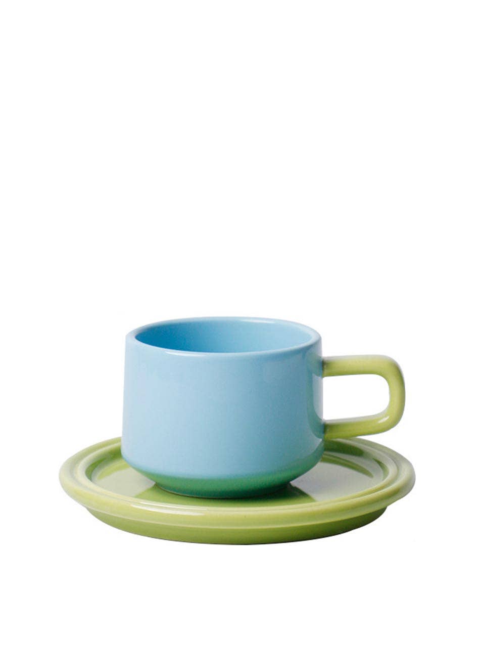 "Deux" Colour Block Mug Set - Blue Mug & Green Saucer