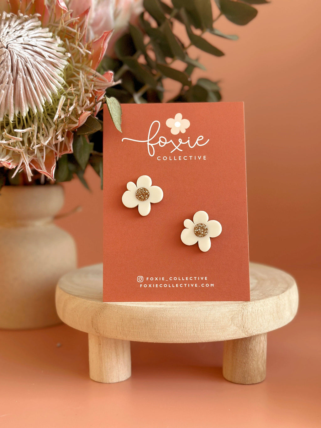 Moon Flower Midi Stud Earrings | Cream + Gold Glitter  | WHOLESALE